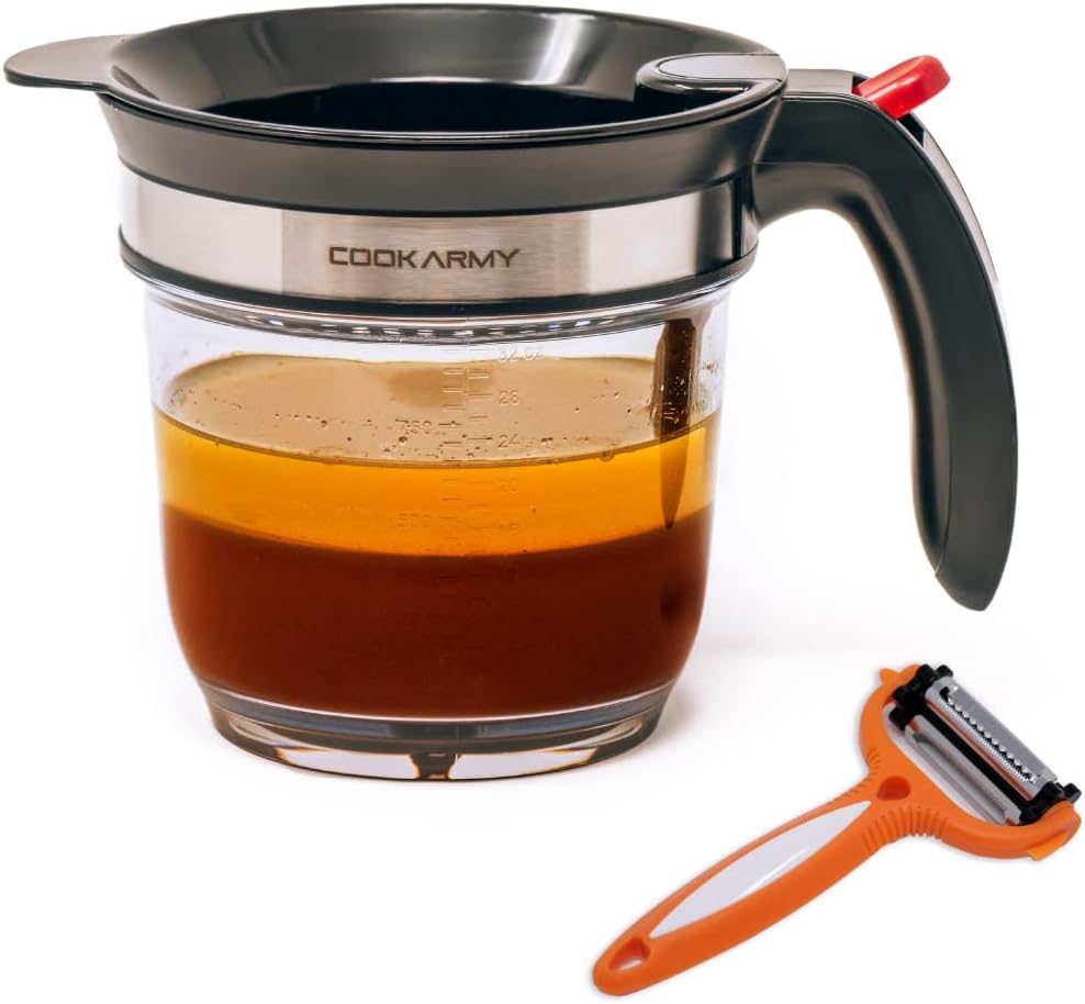 Cook Army Fat Separator with Bottom Release – 4-Cup Gravy & Oil Separator + Peeler
