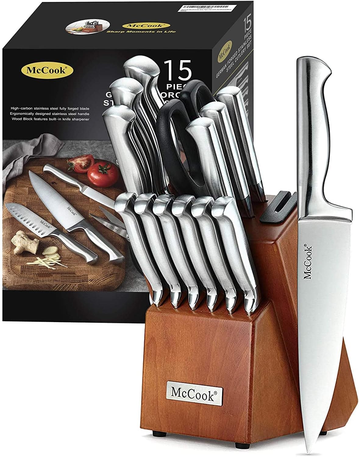 McCook Knife Set – 15-Piece German Stainless Steel Kitchen Knife Block with Built-In Sharpener