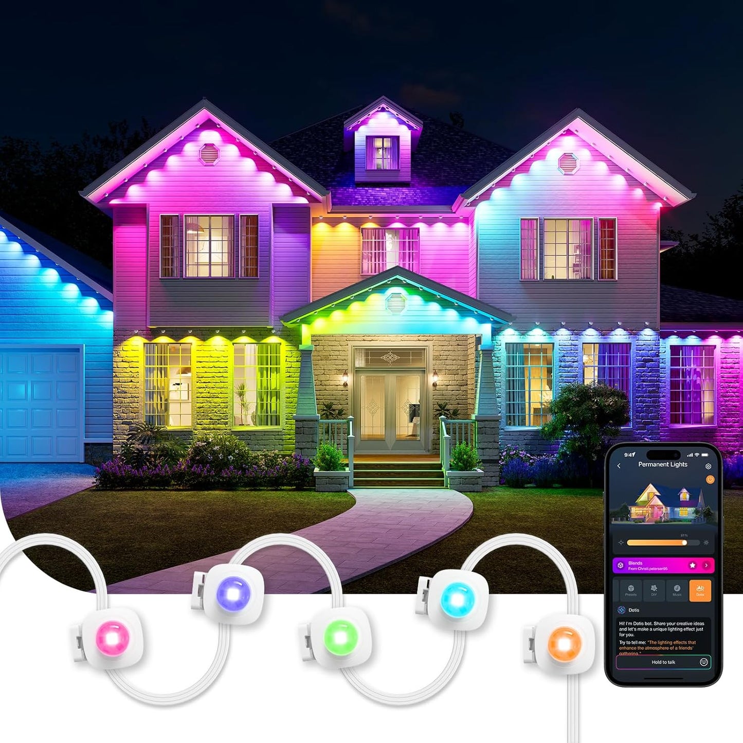 Smart AI Permanent Outdoor Christmas Lights – 100ft RGBTW, Alexa Compatible