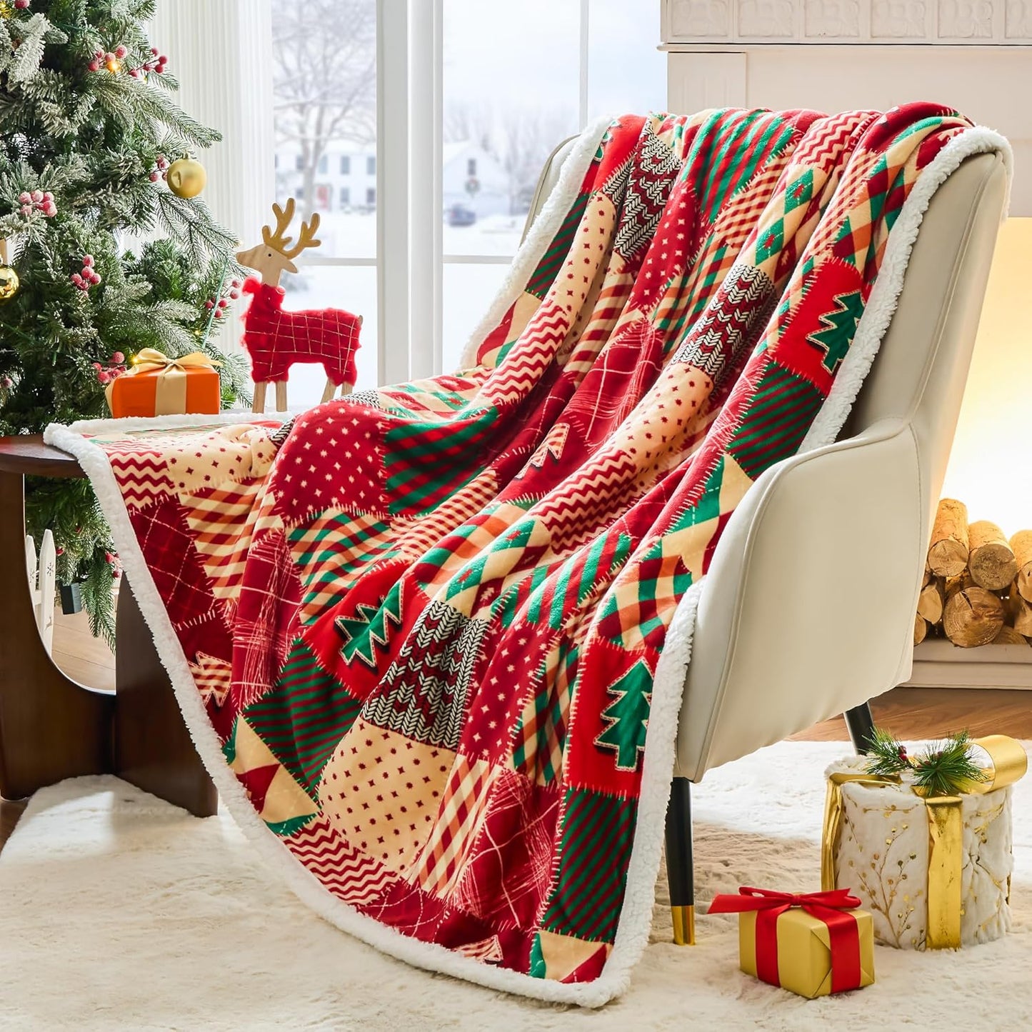 Christmas Sherpa Throw Blanket – Ultra Soft | Flannel & Fleece Reversible (50x60”)