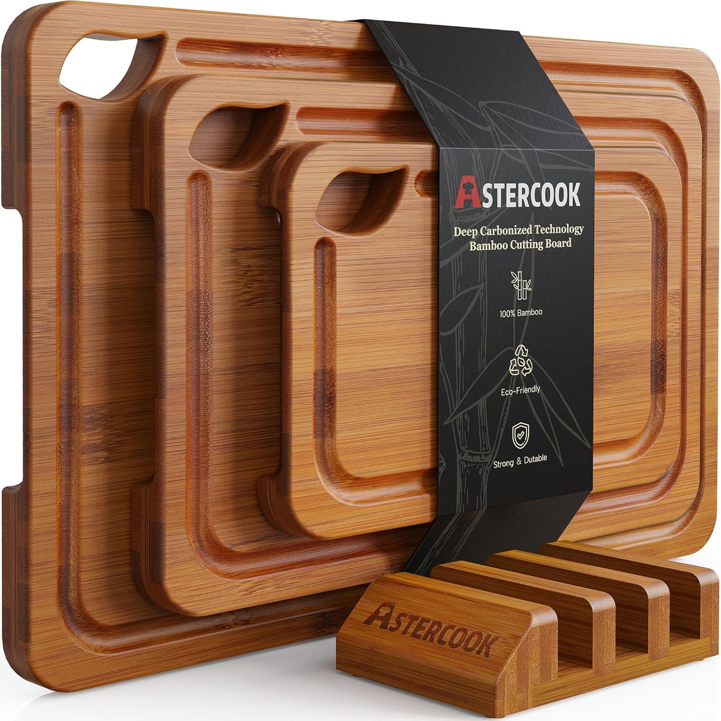 Astercook Deep-Carbonized Bamboo Cutting Board Set – Reversible Kitchen & Charcuterie Boards with Stand