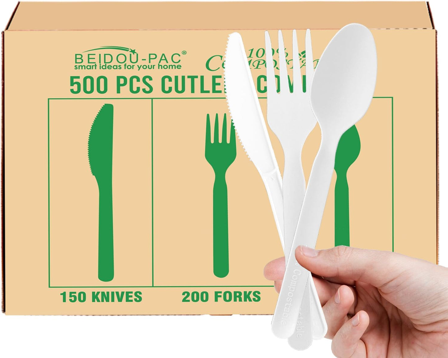 BEIDOU-PAC 500 Count Compostable Cutlery Set – Eco-Friendly Disposable Forks, Spoons & Knives