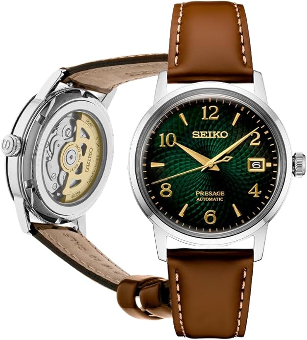Seiko Presage Cocktail Time Automatic Watch – Green Dial, Gold Details & Date Display | Vintage Luxury Style