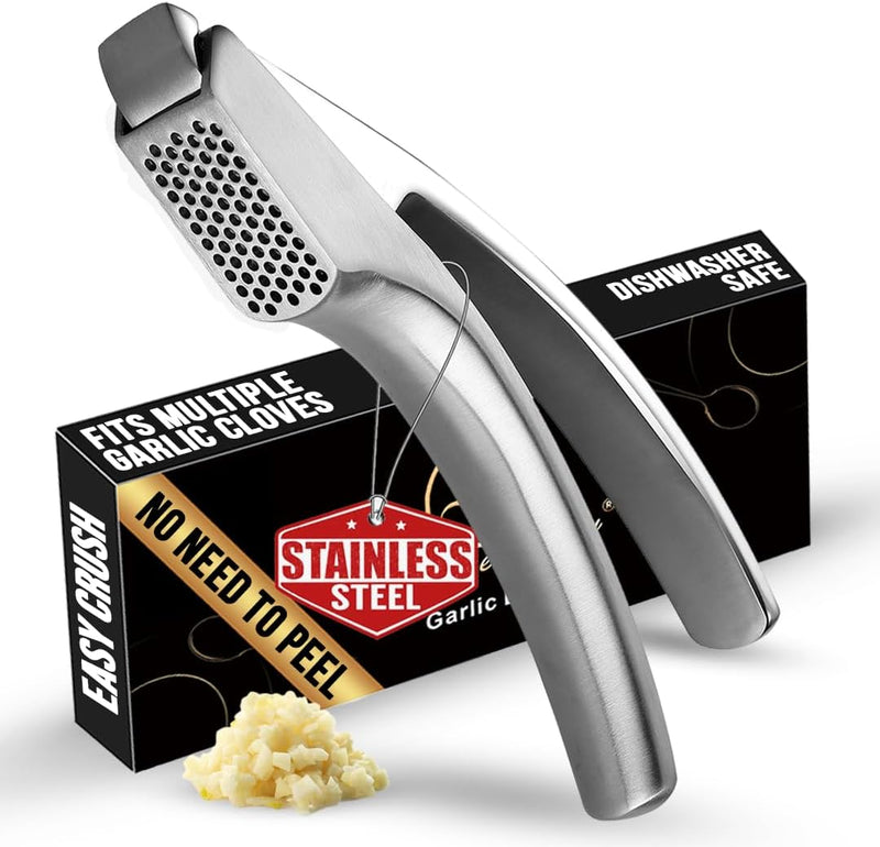 Stainless Steel Garlic Press – No-Peel Garlic Crusher with Detachable Handle