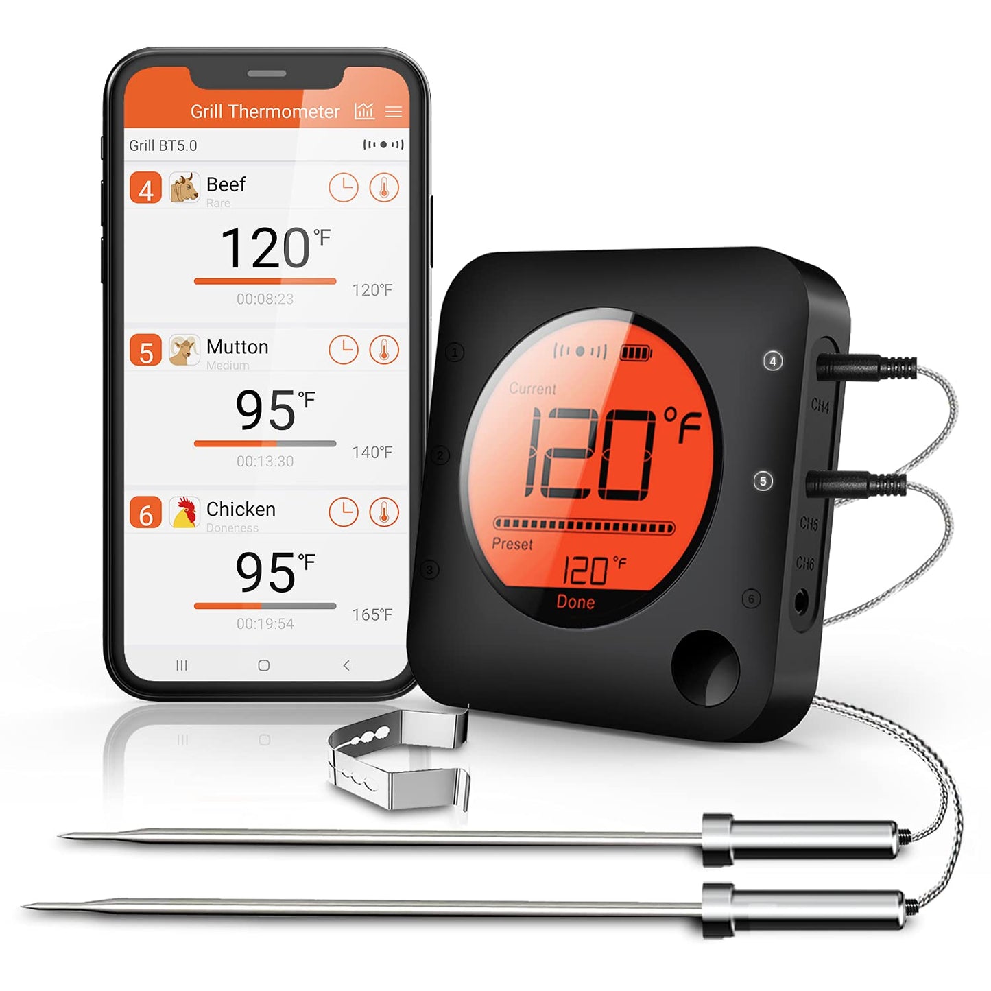 🌡️ BFOUR Wireless Bluetooth Meat Thermometer – Dual Probe Digital BBQ & Grill Thermometer