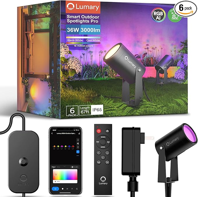 Smart RGB Landscape Lights – 6-Pack Color-Changing Outdoor Spotlights with App & Voice Control (65FT, IP65 Waterproof)