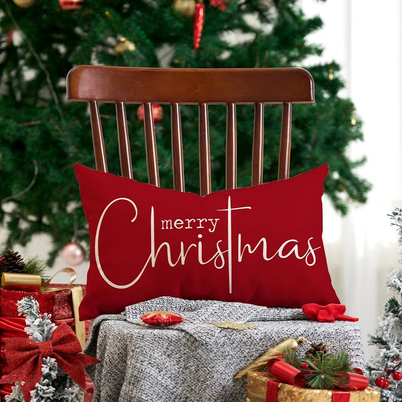 Merry Christmas Pillow Cover – Festive Red Linen Cotton Throw Pillow (12×20") Holiday Decor
