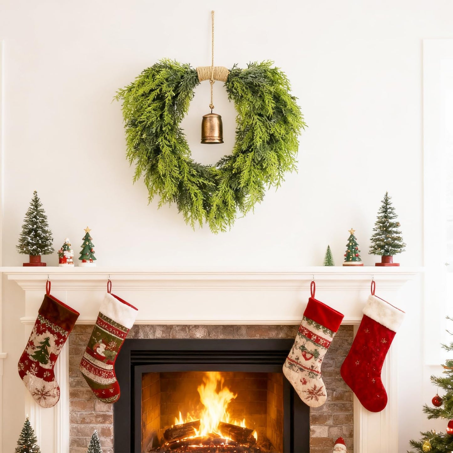 20" Real Touch Cedar Christmas Wreath with Bells – Lush Green Front Door & Wall Holiday Decor