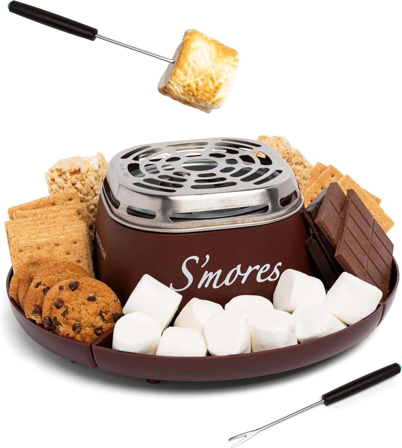 Nostalgia Tabletop Indoor Electric S’mores Maker – Electric S’mores Kit with Roasting Sticks & Serving Trays
