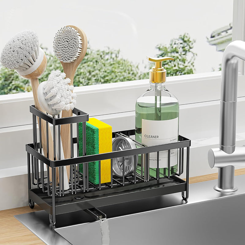 Cisily Black Sponge Holder for Kitchen Sink – Stainless Steel Sink Caddy Organizer