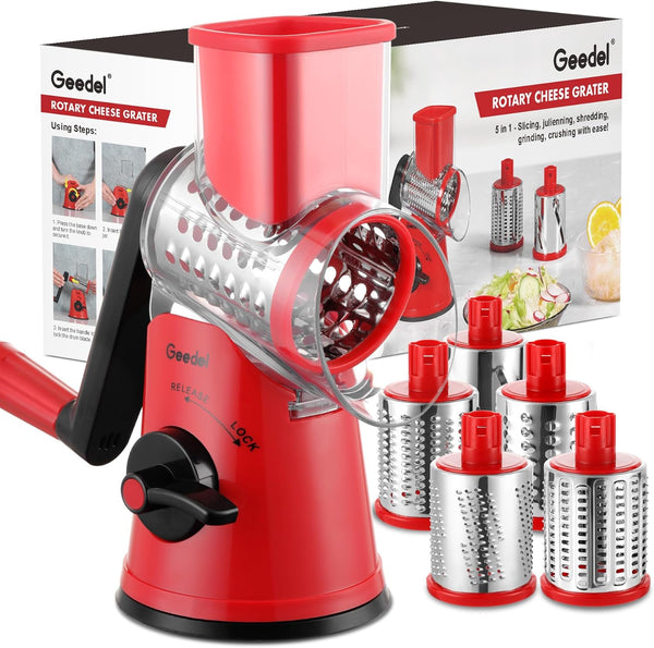 Geedel Rotary Cheese Grater – 5-Blade Hand Crank Cheese & Vegetable Grater