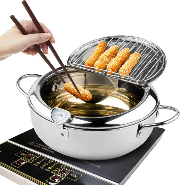 Kerilyn Deep Fryer Pot – 11 Inch / 4.2L Japanese Style Tempura Frying Pot (with Thermometer + Drip Rack)