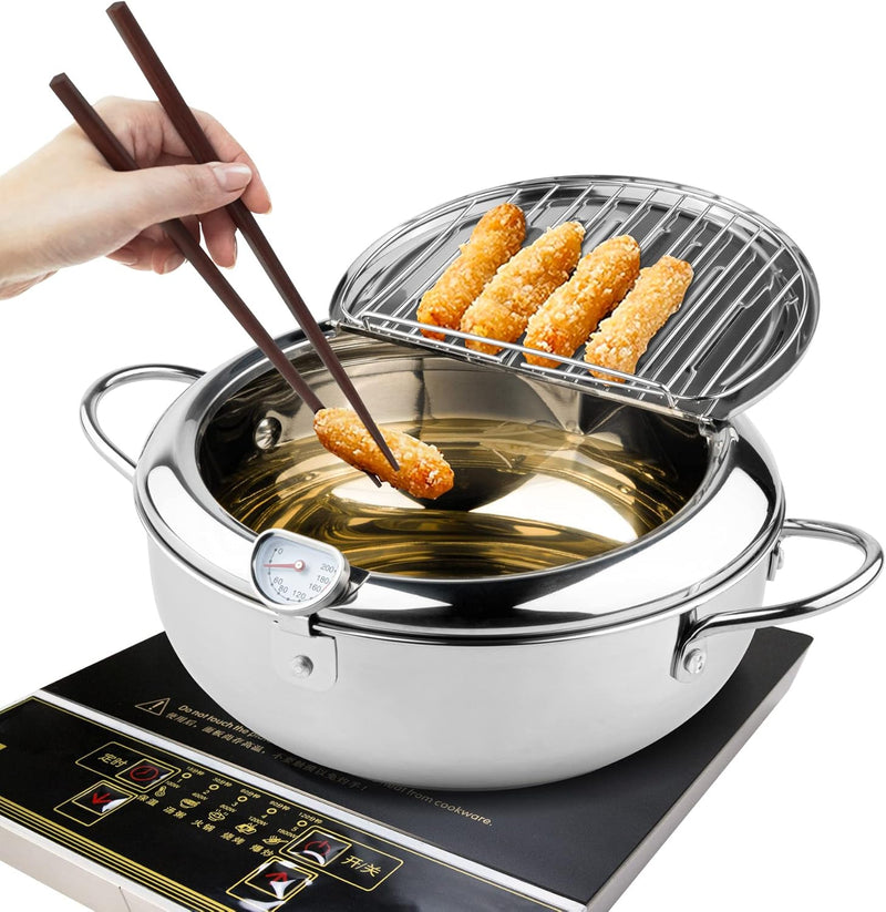 Kerilyn Deep Fryer Pot – 11 Inch / 4.2L Japanese Style Tempura Frying Pot (with Thermometer + Drip Rack)