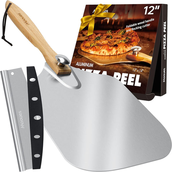 Moooues Aluminum Pizza Peel – 12 Inch Pizza Paddle with Foldable Wood Handle & Rocker Cutter