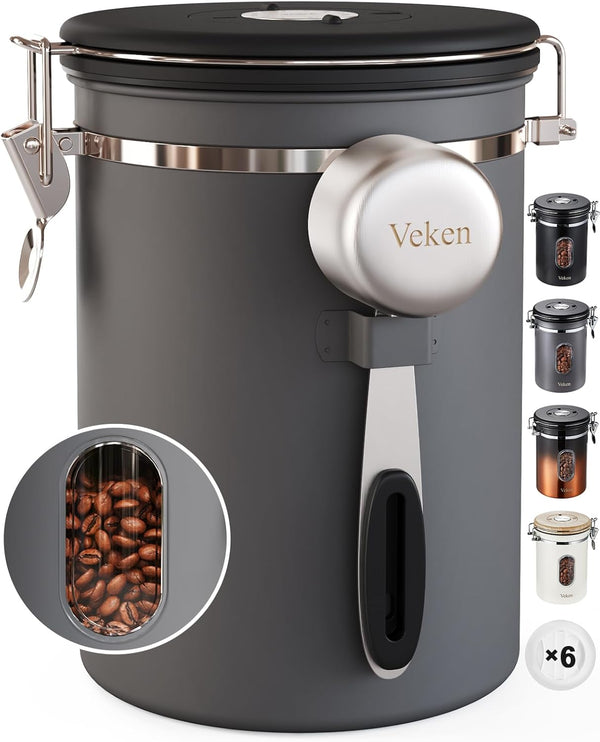 Veken Airtight Coffee Canister – Stainless Steel Storage with Date Tracker & Scoop