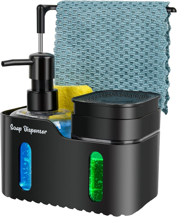 Dual Soap Dispenser Set with Sponge Holder – 4-in-1 Kitchen Sink Organizer for Clean Countertops
