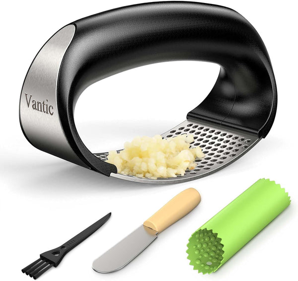 Vantic Garlic Press Rocker – Stainless Steel Garlic Crusher & Mincer with Peeler and Scraper