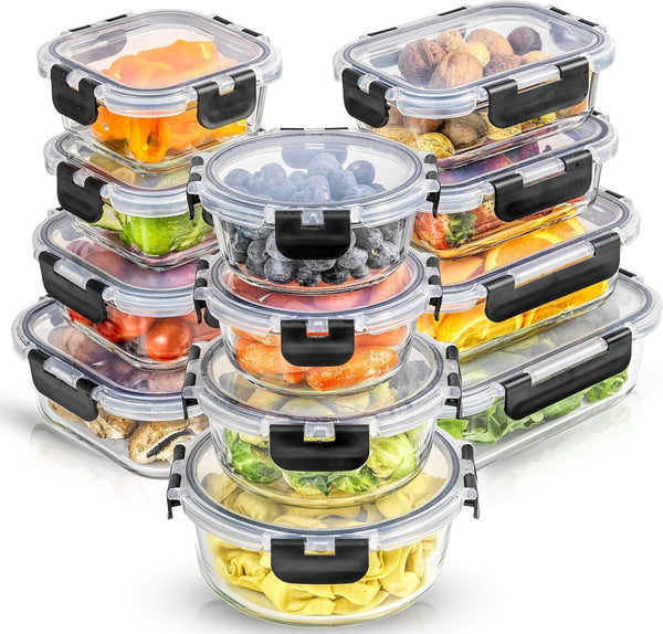 JoyJolt Borosilicate Glass Food Storage Set – 24 Piece Airtight Containers for Meal Prep & Storage