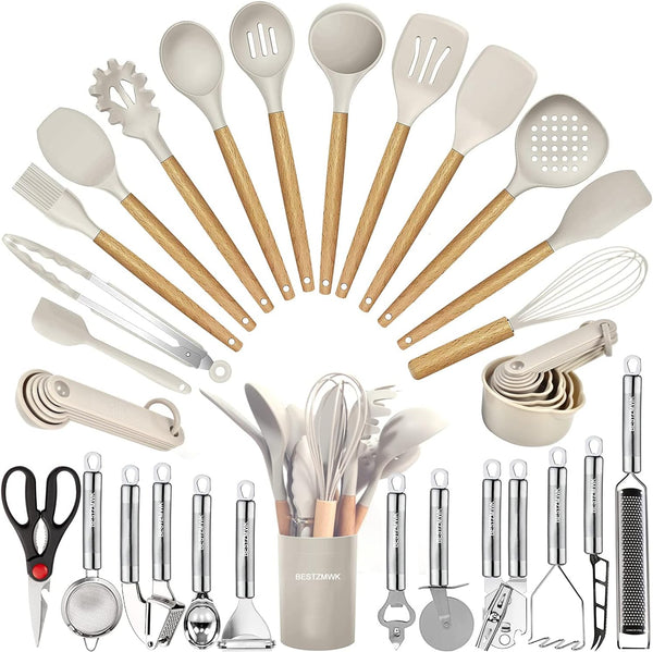35-Piece Silicone Kitchen Utensil Set – Complete Cooking Tools with Wooden Handles for Nonstick Cookware