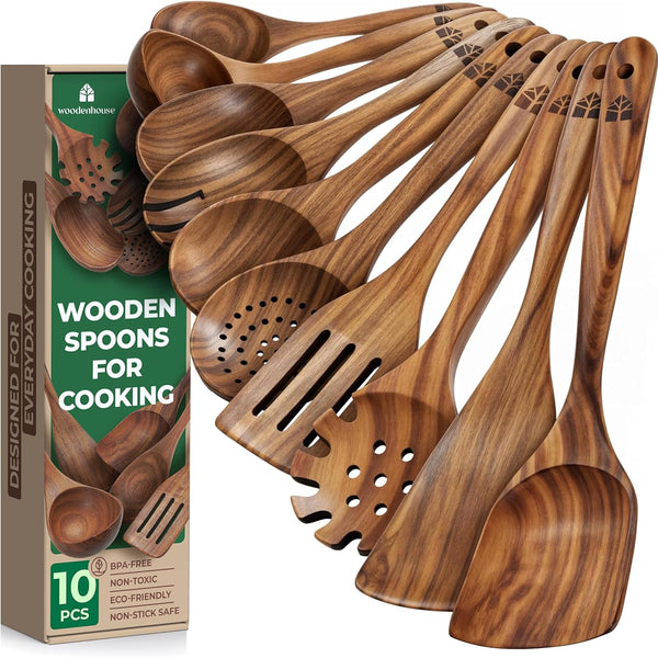 Premium Teak Wooden Cooking Utensil Set – 10 Piece Natural Wood Kitchen Tool Set for Nonstick Cookware