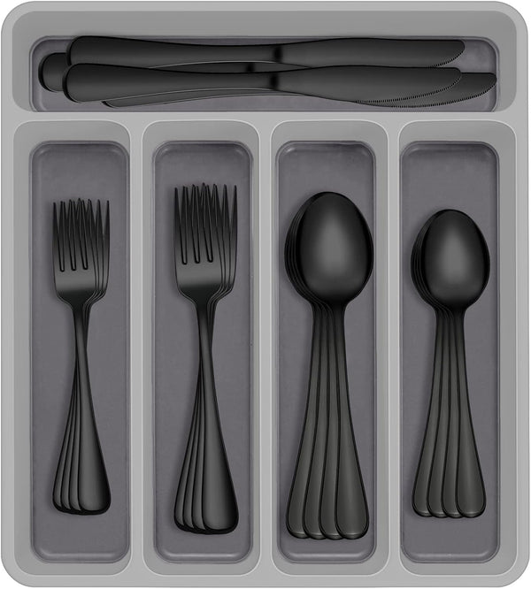 AIVIKI 60-Piece Black Silverware Set with Organizer – Stainless Steel Flatware Set for 12