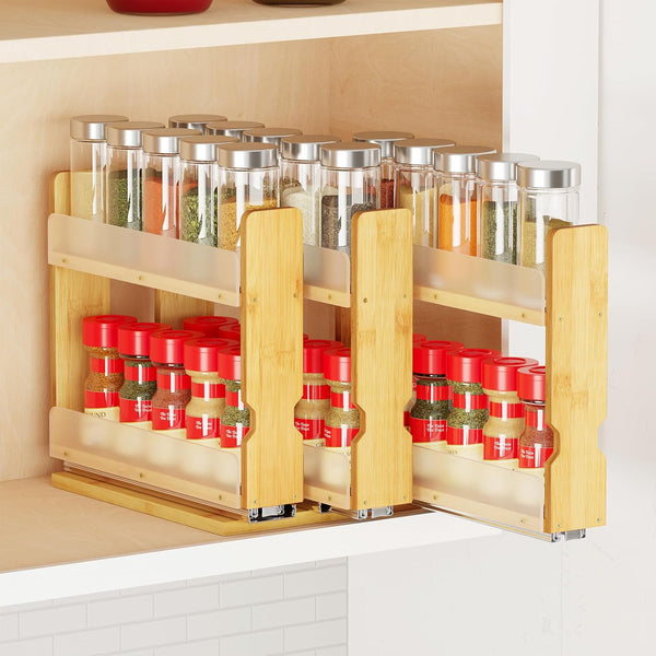 SpaceAid Bamboo Pull-Out Spice Rack Organizer – Sliding Cabinet Storage with 2-Tier Drawers