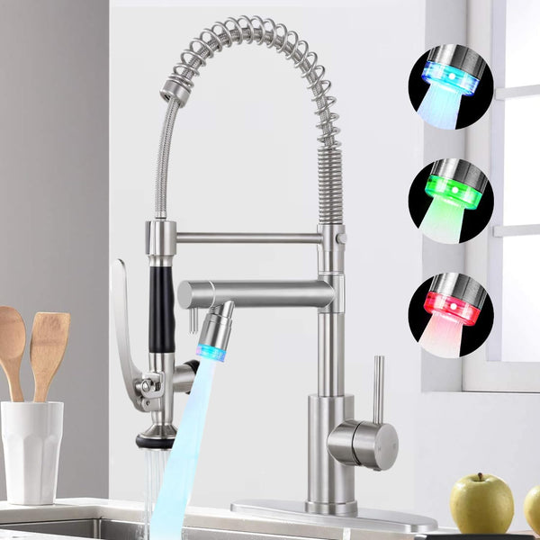 Smart Kitchen Faucet with LED Temperature Control – Pull-Down Sprayer, 360° Rotation & Dual Spout (Brushed Stainless Steel)