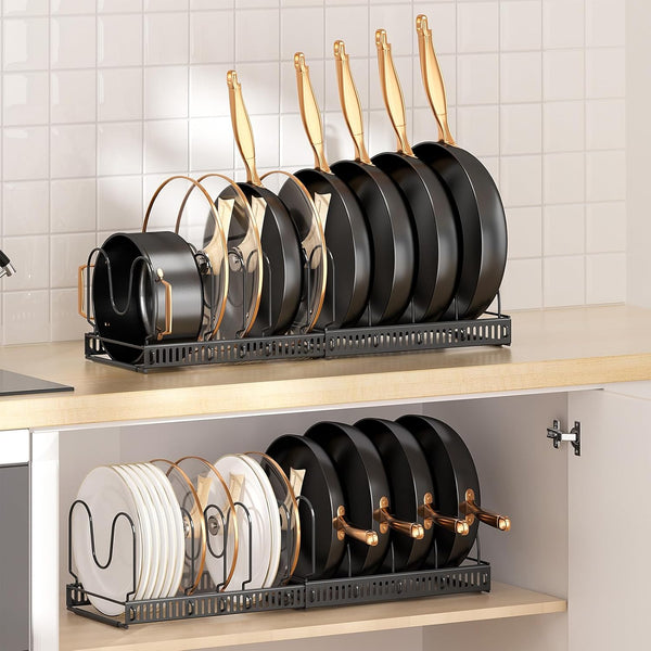 MUDEELA Expandable Pots & Pans Organizer Rack – Adjustable Kitchen Cabinet Storage for Lids & Cookware
